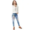 GLO-STORY Frauen 2023 Chiffon Bluse Langarm V-ausschnitt Hemd Herbst Lässige Mode Weiß Chemise Femme 3005