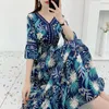 Casual Dresses Women's Elegant Robe Bohemian Cotton Silk Floral Dress V-Neck Beach Ruffle tryckt Hög midja Retro