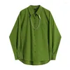 女性のブラウスエレガントなwoムーノダウンのターンダウン襟長スリーブシャツ2023スプリングシックな緑のシングル胸の折り畳みシャツm211