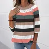 Women's Blouses & Shirts Fashion Striped Pleated Blouse Autumn Winter Loose O-Neck Tops Female Women 3/4 Sleeve Shirt Blusas Femininas Cloth