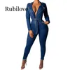 Women's Jumpsuits Denim Jumpsuit Women Long Sleeve Front Zipper Jeans Rompers With Sashes Plus Size Belted Streetwear Overal