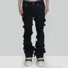 Jeans pour hommes mode évasé hommes déchirés en détresse Streetwear noir Denim pantalon longs rubans tendance homme