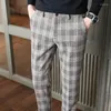 Men's Suits 2023 Spring Korean Mens Dress Pants Mid-High Waist Slim Plaid Trousers Wide Belt Pencil Luxury Vintage Casual Suit