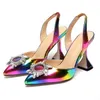 Designer femminile sandali sottili sandali cristallini diamanti a fiore solare donne puntate di punta di punta arcobaleno multicolore tacchi alti zapatillas mujer