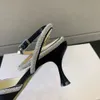 Mach Satin Bow Slingbacks 펌프 크리스탈 장식 이브닝 신발 65mm 스틸레토 힐 샌들 샌들 여성 새끼 고양이 힐러스 럭셔리 디자이너 발목 스트랩 드레스 신발 상자