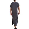 Ethnic Clothing Men Robe With Pocket Short Roll-up Sleeve Solid Color V-neck Kaftan Muslim Jubba Thobe S-5XL