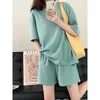 Women's Tracksuits Embroidered Short Sleeve Sweatshirt High Waist Shorts Green Blue Pink Summer Loose Women Two Piece Set