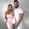 Casual Dresses Adyce 2023 Summer Off Shoulder Mini Dress Vestido Sexy Women Long Puff Sleeve Pink Draped Club Celebrity Runway Party