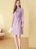 Vestidos casuais Elliexi Purple Tweed Dress Women 2023 Autumn e Winter Stitching Scoarf Collar Bow Party Elegant Office Lady Vestidos