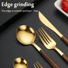 Dinnerware Sets 5PCS Metal Spoon Fork Knife Set Gold Silver Stainless Steel Cutlery With Wooden Handle Western Flatware Tableware