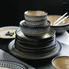 Servis uppsättningar blå porslin middag set tallrikar rätter lyxguld inlay keramisk tårta platta skål bordsvaror full för restaurang