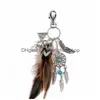 Key Rings Dreamcatcher Feather Chain Natural Crystal Alloy Evil Eye Hamsa Hand Of Fatima Charm Keychains Bag Car Keyrings Holder Dro Dhsy1