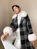 Women's Fur DT46 Womens Houndstooth Long Winter Coats 2023 Belted Turn Down Collar Natural Wool Jacket