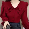 Camicette da donna Camicia rossa Abbigliamento da donna primavera e autunno 2023 Colletto per bambole Manica a lanterna Chiffon Allentato Sottile Top a maniche lunghe