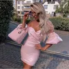 Casual Dresses Adyce 2023 Summer Off Shoulder Mini Dress Vestido Sexy Women Long Puff Sleeve Pink Draped Club Celebrity Runway Party