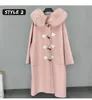 Futro damskie 2023 Zimowa kurtka damska z kapturem oryginalny wełniany płaszcz długi design z prawdziwym kołnierzem