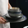 Ensembles de vaisselle service de table en porcelaine bleue assiettes plats luxe incrustation d'or assiette à gâteau en céramique bol vaisselle complète pour Restaurant