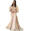 2023 robes de soirée champagne porter sirène bijou cou illusion manches longues trou de serrure satin dentelle appliques perles de cristal plus la taille robe de soirée formelle robes de bal