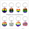 Nyckelringar Mode Gay Lesbian Pride Sign Nyckelringar För Kvinnor Män Regnbågsfärg Glas Ädelsten Berlockkedjor Lgbt Smycken Tillbehör Dhsc6