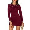 Casual Dresses Spring Autumn Women Long Sleeve O-neck Dress Elegant Solid Slim Mini Black Pearl Beading Party Bodycon