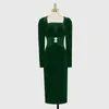 Sıradan Elbiseler Linda della 2023 Moda Tasarımcısı Kadın Yaz Modelleri Mizaç Yeşil Kare Boyun Ekleme Akınlı Kabarcık Kolu İnce