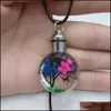 Pendant Necklaces Wholesale Personalized Luminous Glow In The Dark Round Glass With Leather Chain Transparent Dried Flower Necklace Ota1W