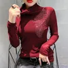 Frauen T Shirts T-shirts Weibliche Strass Mesh Rollkragen Langarm Mode Tops frauen Diamant T-shirt Tees Poleras De Mujer moda