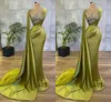 Elegant Green Mermaid Evening Dresses Long for Women Sheer Jewel Neck Sequined Satin Floor Length Formal Birthday Clelbrity Special Occasion Party Prom Dresses