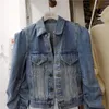 Kvinnors jackor tung industri veckad vadderad axelprofil vintage denim jacka orolig blandad färg kort topp