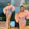 Robes de bal glamour sirène une épaule plume 3D belle fleur demandeur dos nu haute fente robe de cour fermeture éclair sur mesure robe de soirée grande taille