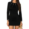 Vestidos casuales Primavera Otoño Mujer Vestido de manga larga con cuello redondo Elegante Sólido Delgado Mini Negro Perla Rebordear Fiesta Bodycon