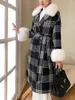 Women's Fur DT46 Womens Houndstooth Long Winter Coats 2023 Belted Turn Down Collar Natural Wool Jacket