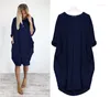 Party Dresses Solid Women Dress Summer Big Pocket O-Neck Long Sleeve Oversized Midi Spring Plus Size Casual Simply Vestidos