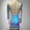 Casual Dresses Wholesale Women's Light Blue Long Sleeves Sequins Chest Wrap Mini Sexy Evening Celebrity Cocktail Party Dress