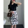 Skirts Women 2023 Spring Summer Fashion High Waist Female Printed Flowers Office Ladies Knee-length Jupe Femme B35