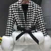 Women's Fur 2023 Winter Ladies Houndstooth Wool Coats With Natural Sleeves And Hem Ribbon Belt Outerwear Streetwear