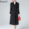 Trench feminina casacos svoryxiu 2023 Designer outono de inverno moda vermelha casaco comprido manga dupla de gabinete de gabinete lady sobretudo outwe