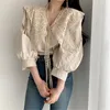 Damenblusen, koreanische schicke Damen-Stickerei-Bluse, elegante V-Ausschnitt, Puffärmel, kurze Tops, lässige blaue/beige Hemden, Herbst-weibliche Blusas 2023