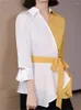 البلوزات النسائية Chronstyle 2023 Fashion Women Tops Vintage Striped Patchwork Tirts Autumn OL مع حزام V-Neck Slim Elegant