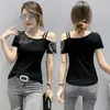 T-shirts pour femmes Rouge Mode d'été Vêtements européens T-shirt Sexy épaules dénudées Diamants Maille Femmes Tops Ropa Mujer Vert Blanc T-shirts Noir