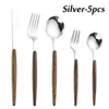 Dinnerware Sets 5PCS Metal Spoon Fork Knife Set Gold Silver Stainless Steel Cutlery With Wooden Handle Western Flatware Tableware