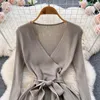 Sıradan Elbiseler 2023 Moda Koreli Sweater Elbise Kadın Çözgü Örtüsü Sweatters Piled Kadın Kemer Mini Balo Elbise Zarif