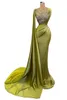 Elegant Green Mermaid Evening Dresses Long for Women Sheer Jewel Neck Sequined Satin Floor Length Formal Birthday Clelbrity Special Occasion Party Prom Dresses