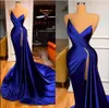 2023 Prom Dresses Royal Blue Sexy Sweetheart Crystal Beads ärmlös High Side Split Open Back Evening Dress Pageant Party klänningar ärmlös