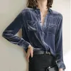 Camicette da donna XEJ Camicia di velluto dorato Fine elegante per l'abbigliamento femminile Primavera 2023 Manica lunga Blu Donna Stile coreano