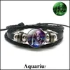 Andra armband Custom Gemini Leo Libra Scorpio Skytten 12 Constellation Luminous Armband Läder Zodiac Charm smycken Drop Deli OTCP4