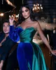 Royal Blue Velvet Evening Dresses Sexy One Long Puff Sleeves Jumpsuit Arabia Formal Ruched Prom Gowns Pleats Satin Party Dress 2023