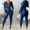 Women's Jumpsuits Denim Jumpsuit Women Long Sleeve Front Zipper Jeans Rompers With Sashes Plus Size Belted Streetwear Overal