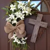 Decorative Flowers Easter Cross Wreath With Bow Rattan Ring Garland Hanging Ornament For Home Front Door Wall Garden Spring Decoration Gift