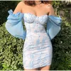 Abiti casual Stampa al largo delle donne Mini 2023 Bottoni autunnali Flare Sleeve Skinny Hip Package Ladies Sexy Blue Dress Vestidos